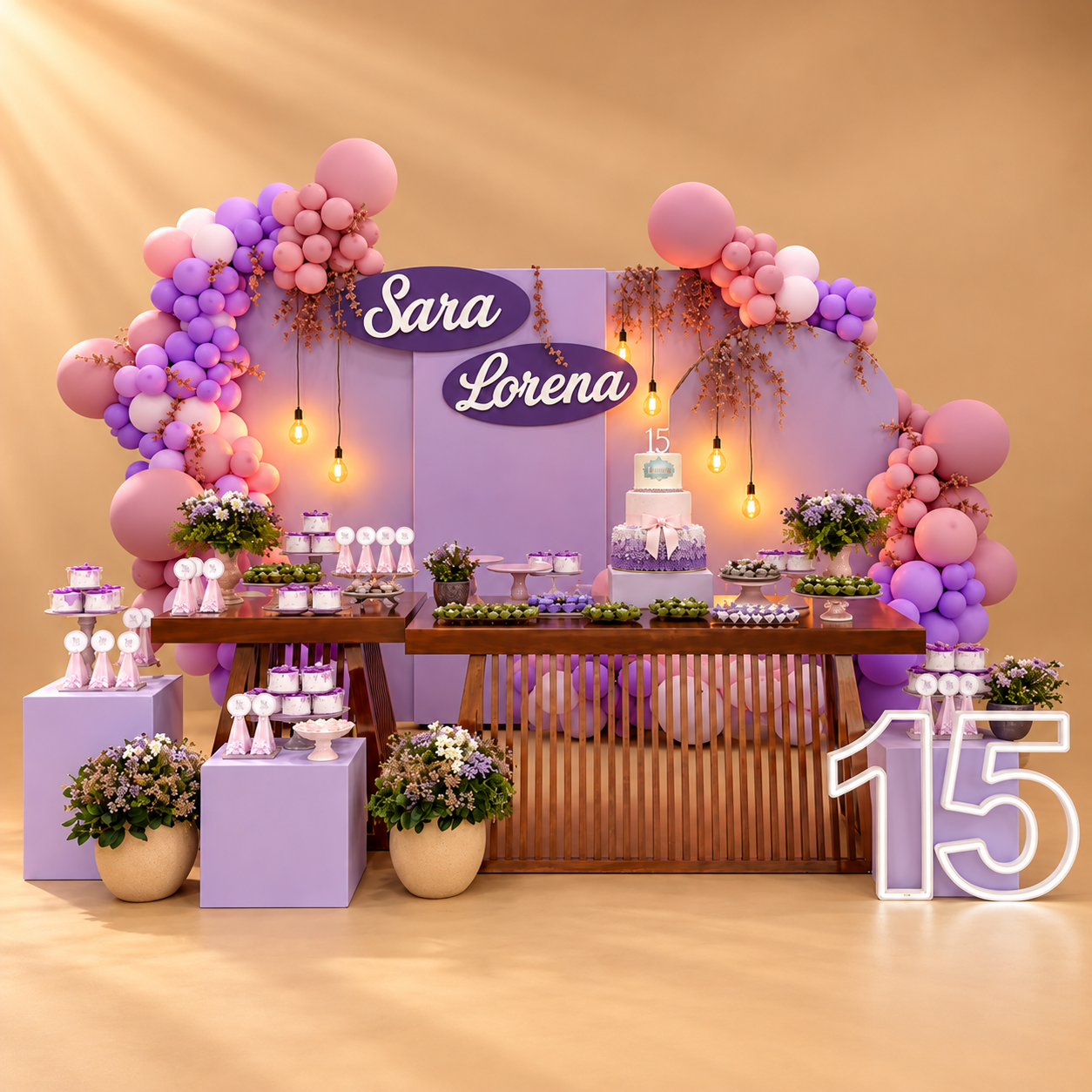 Cenário Personalizado Rosa e Lilás com Madeira - 15 Anos