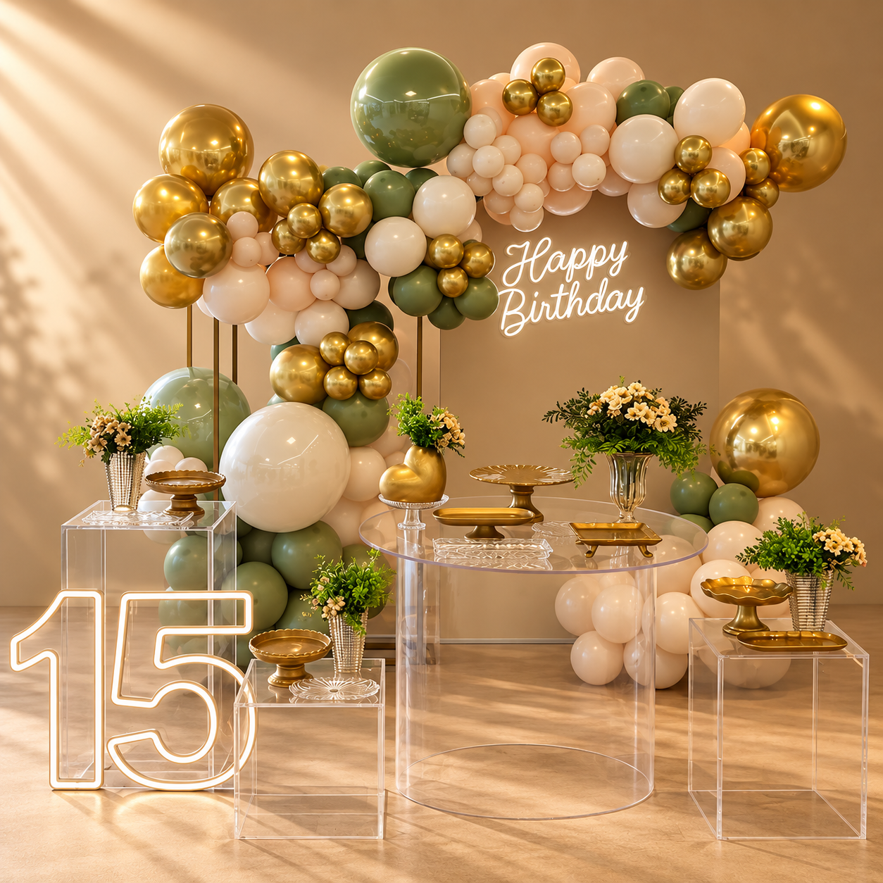 Cenário Personalizado Verde Oliva, Off-white e Dourado – 15 Anos