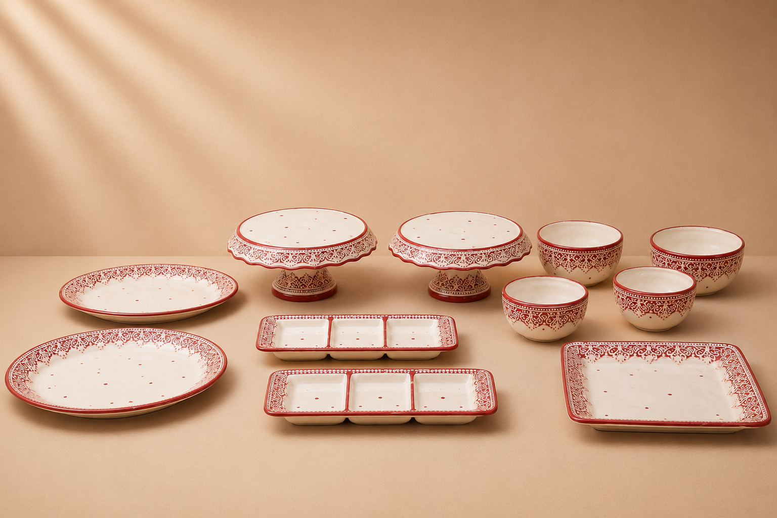 Kit de Bandejas PORCELANA Arabesco Branco/Vermelho