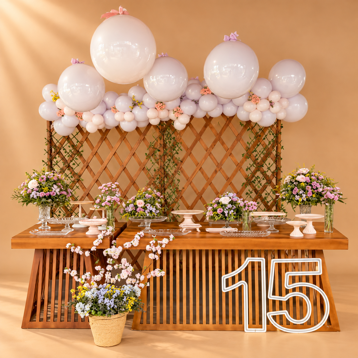 Cenário Rústico para 15 Anos com Flores e Balões em Tons de Rosa